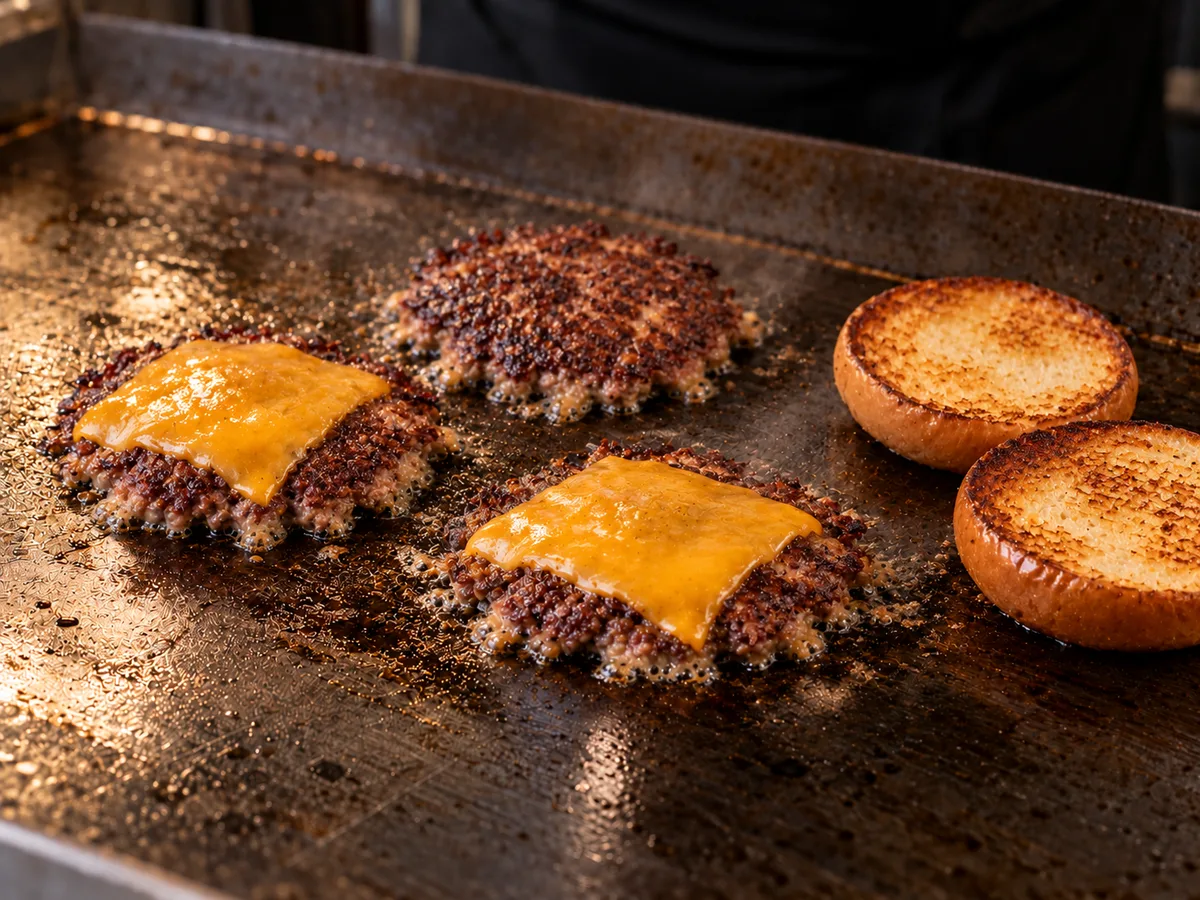 Fertiger Smash Burger mit Kruste und geschmolzenem Cheddar