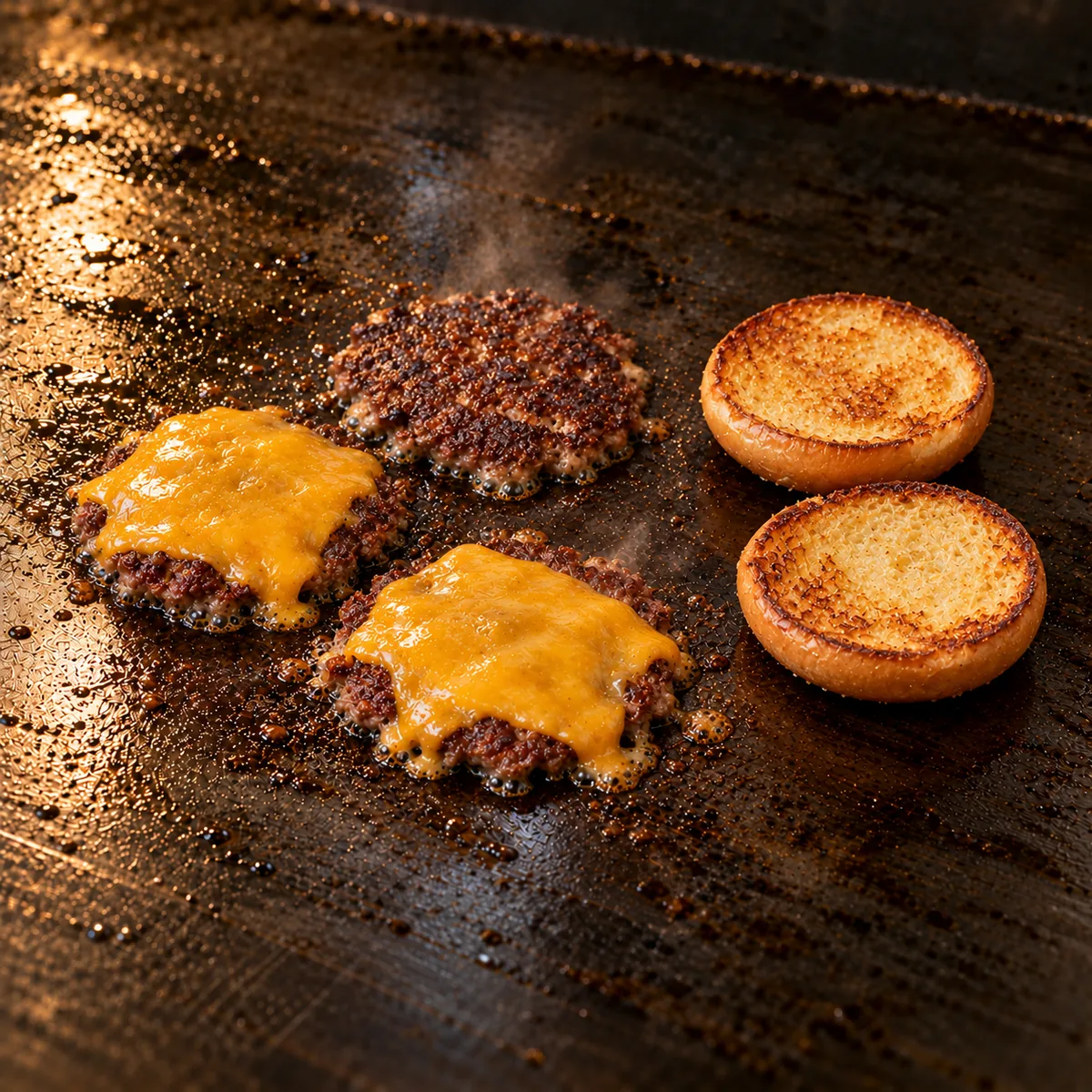 Gewendete Pattys mit Kruste und geschmolzenem Cheddar, daneben getoastetes Brioche