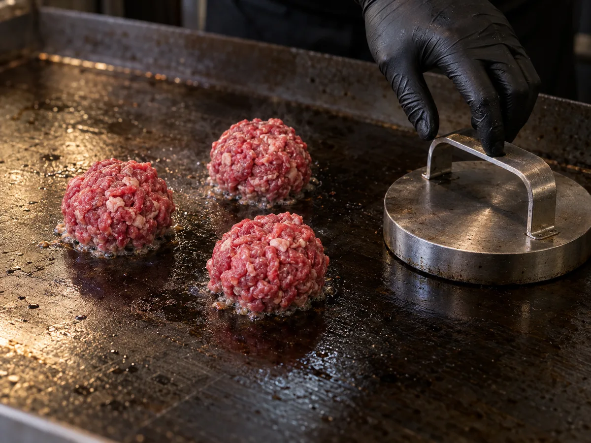 Eine Kugel frisch gewolftes Rindfleisch auf der heißen Platte